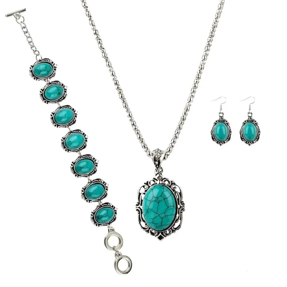 Turquoise Necklace Earrings Bracelet 4pc Boho Native Stylish Glam Lucky Trendy - Picture 5 of 6